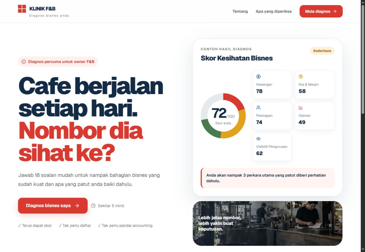 KLINIK F&B — public landing page. The diagnosis score shown is an illustrative product example, not a customer result.