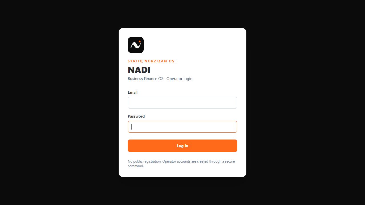 NADI — halaman akses operator sebenar. Rekod pelanggan dan kewangan tidak dipaparkan.