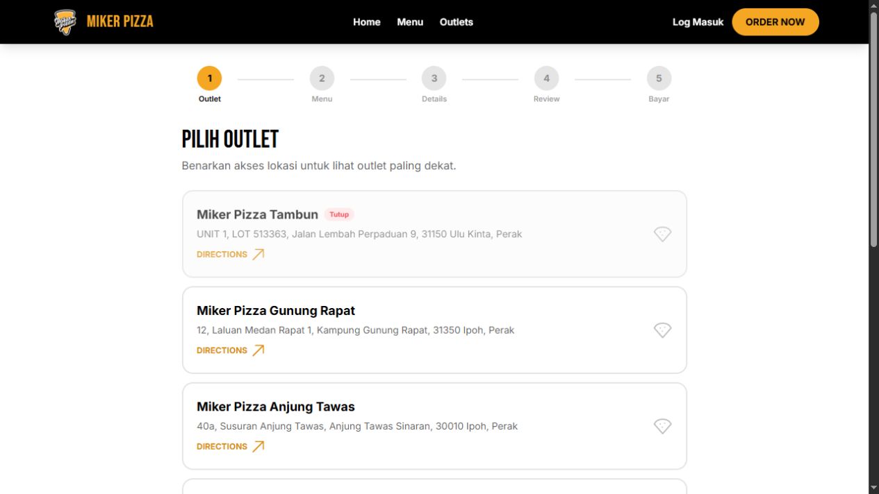 Aliran pesanan online — pemilihan outlet sebelum memilih menu. Tiada pesanan dihantar.